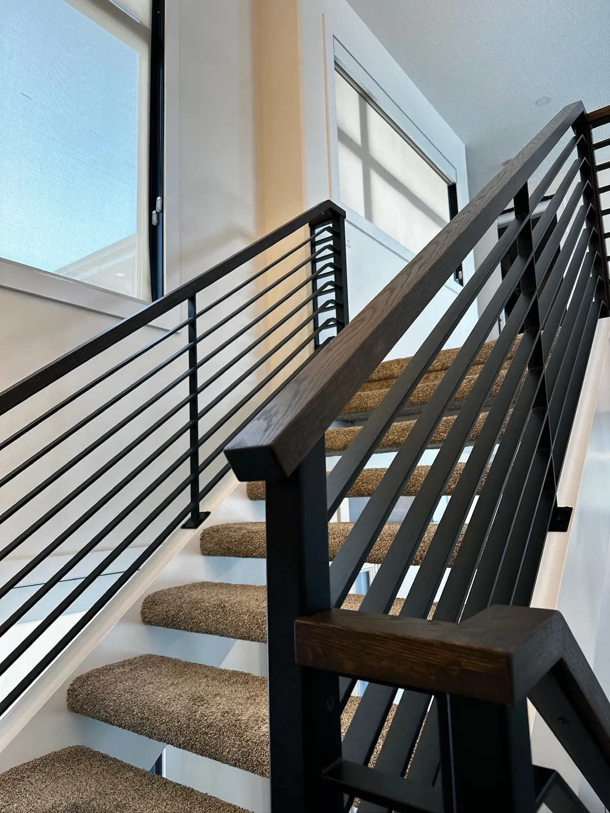 Black horizontal bar railing with a dark stained wood cap beside carpeted treads